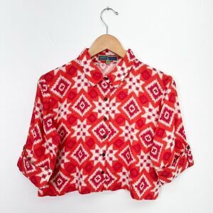 Bombay Paisley Women’s Ikat Cropped 3/4 Sleeve Button Down Hot Pink Wide Leg Hig